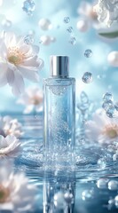 A rectangular perfume bottle, silver-capped, sits in rippling water, surrounded by floating white blossoms and water droplets against a light blue backdrop