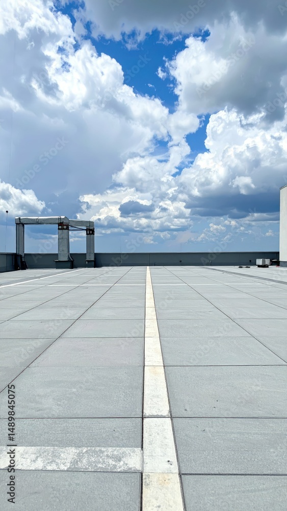 Poster empty rooftop with dramatic clouds and open sky for creative use