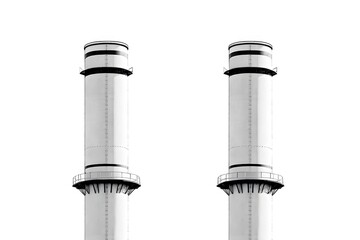 Twin Chimneys: Standing tall against the sky, the imposing chimneys of an industrial facility, a stark study in lines and angles, offering a study of industrial architecture.