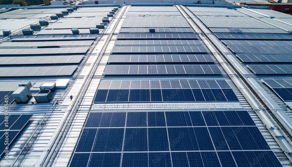 Poster rooftop vents and solar panels creating distinct patterns and lines