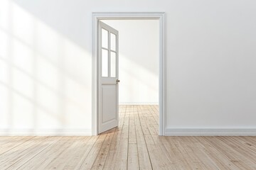 Empty room with open door, sunlight streams in