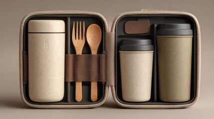 Picnic cutlery and cups in compact case, beige surface 