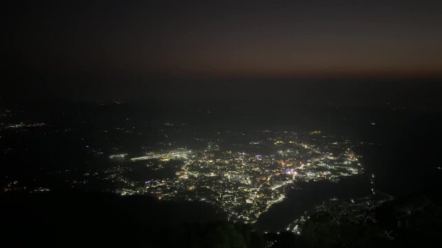 Colourful lights on the building on mata vaishno devi temple in night. Holy shrine of goddess vaishno.
