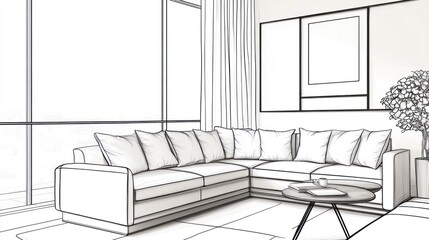 Modern sectional sofa in minimalist living room sketch
