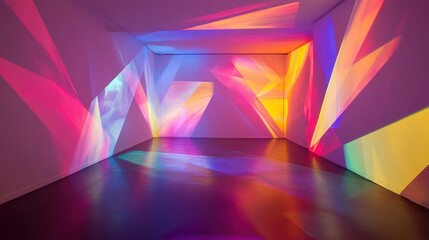 Colorful light projections illuminate empty room, abstract art installation