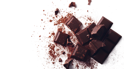 A pile of chocolate with a lot of crumbs on a white background