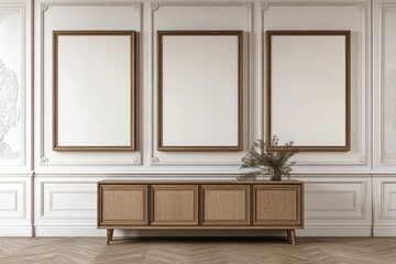 Three blank, wood-framed canvases hang above a mid-century modern sideboard in a room with white paneled walls and herringbone floors; a sprig of greenery sits atop the sideboard