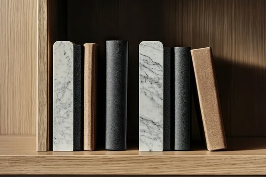 Organized books on a wooden shelf.