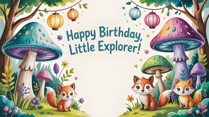 Charming birthday card with adorable foxes in a magical forest, surrounded by colorful mushrooms and hanging lanterns. Ideal for kids' celebrations, invitations, or whimsical decor.
