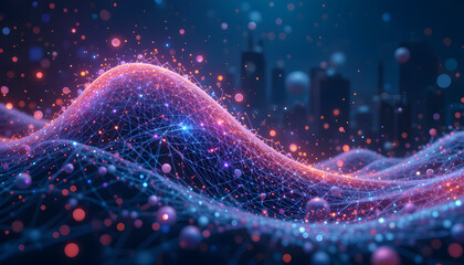 Fototapeta premium 5g connectivity wave illustration design. Iot wave spark. Abstract illustration of colorful connected data network background wallpaper. Digital network. cyberspace technology.