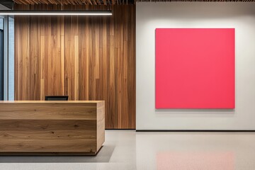 Modern office reception area with warm wood accents and a bold pop of color
