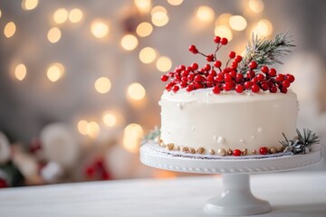 A Festive Christmas Cake Delight: A White Cake Adorned with Holly Berries and Festive Decorations, Set Against a Warm Bokeh Background