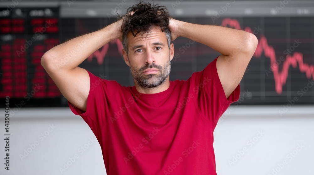 Poster man in a red shirt is looking at a screen with red numbers on it. he is worried or concerned about t