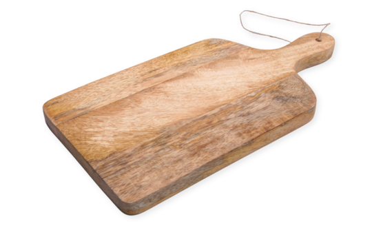 Natural wood kitchen board with handle isolated on a cut out PNG transparent background