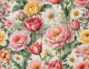 Close-up of watercolor painted roses, daisies, and tulips  ,  painting,  greenery,  garden