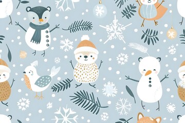 Fototapeta premium Winter Wonderland: Adorable Snowmen, Birds, and Animals Frolic in a Snowy Landscape with Festive Ornaments and Twinkling Snowflakes. Delightful Holiday Scene with Charming Wildlife and Winter Elements