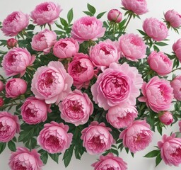 Obraz premium Vibrant pink peonies & roses bouquet White backdrop Copy space , petals, delicate