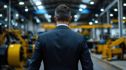 A man in a suit is walking through a factory