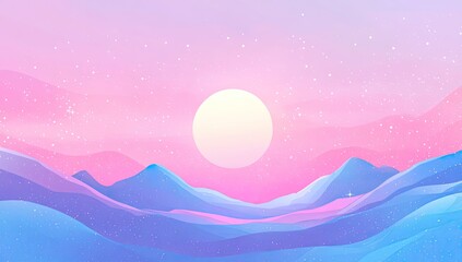 Pastel mountainscape at sunrise.  Soft pink and blue hues.  Large, bright sun.  Delicate stars