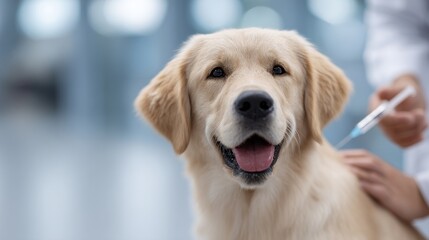 A happy golden retriever ready for a vet visit. The dog looks calm and friendly, showcasing the importance of regular check-ups. Ideal for articles on pet care and health. AI