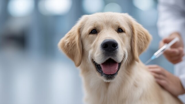 A happy golden retriever ready for a vet visit. The dog looks calm and friendly, showcasing the importance of regular check-ups. Ideal for articles on pet care and health. AI