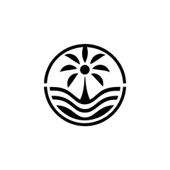 Palm tree silhouette logo with wave and sun design