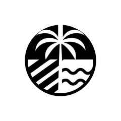 Palm tree, wave, and sun silhouette logo design