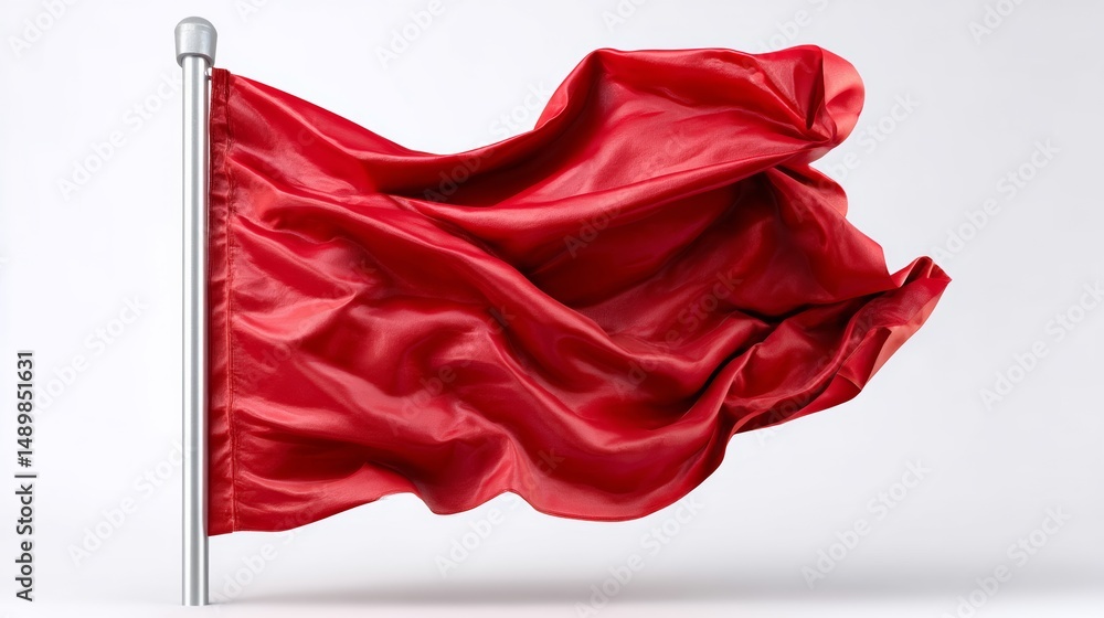 Poster red flag is blowing in the wind. the flag is on a pole