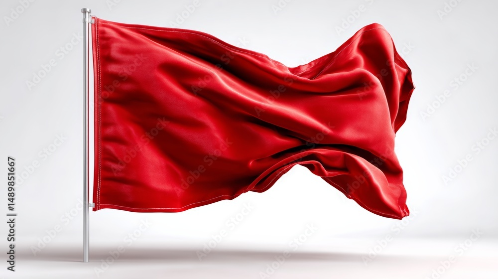 Poster red flag is blowing in the wind. the flag is on a pole