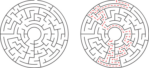 Round maze illustration showing solved and unsolved paths depicting problem solving