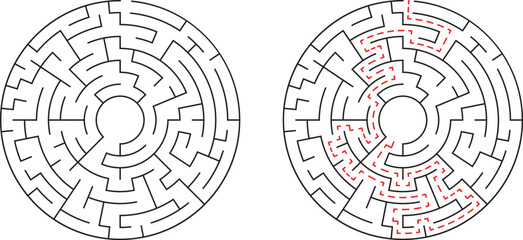 Circular maze illustration with solution path representing problem solving and decision making