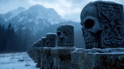 Obraz premium A row of stone pillars with skulls on them