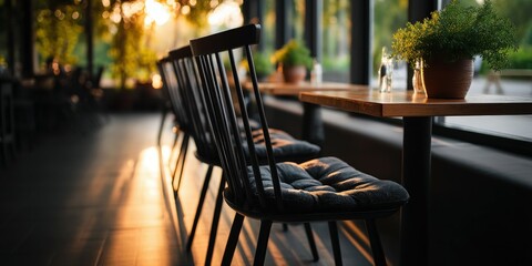 Cozy cafe interior with sunlight streaming through large windows