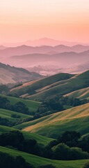 Misty, rolling hills at dawn.  Soft, muted colors