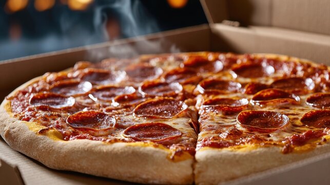 A pizza with pepperoni slices is sitting in a cardboard box - Powered by Adobe