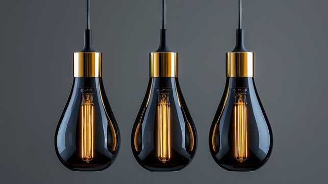 Three black light bulbs hanging from a ceiling