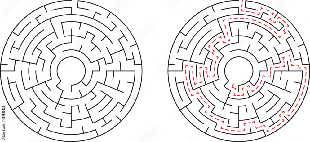 Aufkleber circular maze concept with and without solution in vector illustration