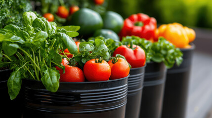 A row of black containers with various vegetables including tomatoes and peppers
