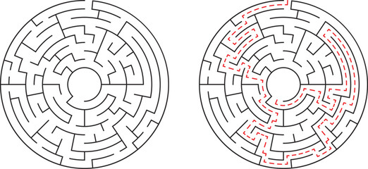 Circular maze with solution path illustrating problem solving and finding solutions