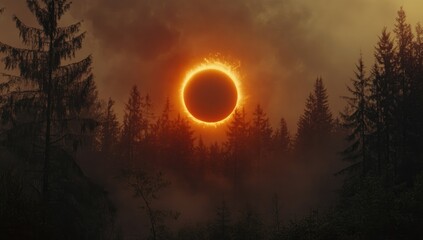 A ring of fire obscures the sun over a misty forest
