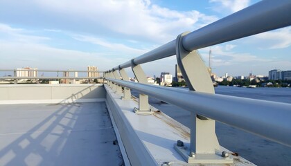 Fototapeta premium Safety Railings on Rooftop with Cityscape View and Blue Sky