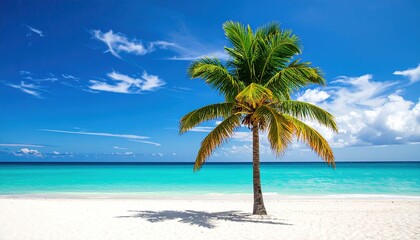Obraz premium Tropical paradise beach scene with a solitary palm tree.