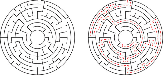 Circular labyrinth puzzle vector showing the path solution and maze complexity