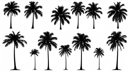 Silhouette collection of various tropical palm trees.