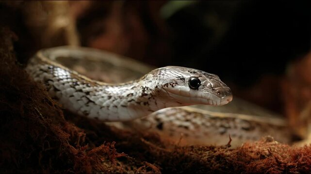 A rat snake portrait, showing the scale patterns of the head and upper body, lying among brown, dry vegetation, creating a portrait of wildlife.