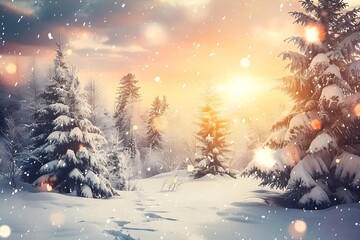Fototapeta premium Winter Wonderland: Snow-Covered Trees Glimmering in a Magical Sunset, Footprints in the Snow Lead to a Serene Landscape, Tranquil and Peaceful Atmosphere, Capturing the Beauty of a Snowy Forest.