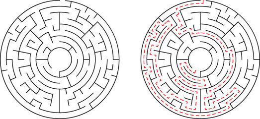 Two detailed circular mazes with one solved pathway in red dash lines on white background