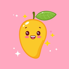 Cheerful mango cartoon with bright smile and blushing cheeks. Great for kids’ books, posters, or flashcards