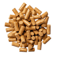 Close-up of cylindrical biomass pellets arranged in a circular pattern, highlighting texture and uniformity, on transparent background