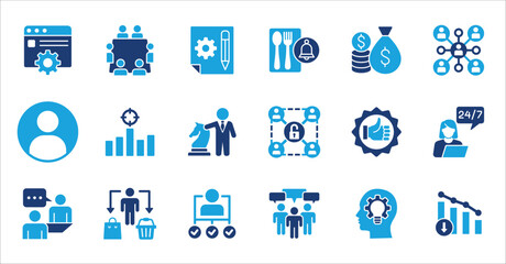 Management and business icon set. Contains symbol of businessman, target, finance, lunchtime, success, hierarchy, data, reward, work, money, employee, task, shop, meeting, job. Vector illustration